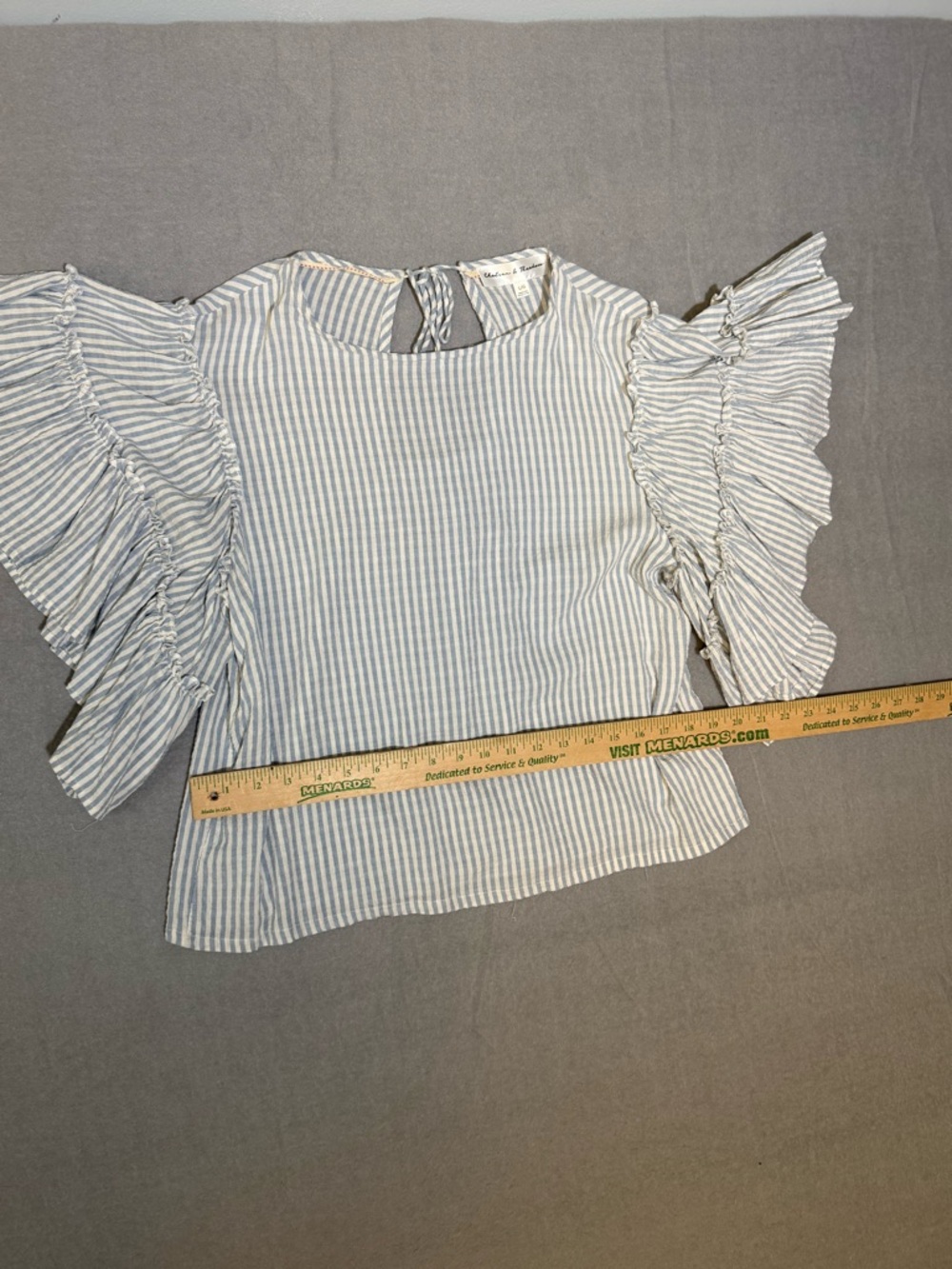 Anthropologie Pilcro Blue Striped Sybil Ruffle Sleeve Open Back Blouse Large - Picture 5 of 11